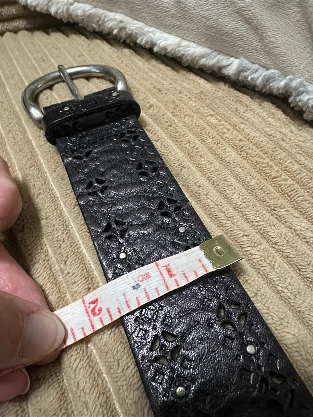 Fossil Black Laser-Cut Leather Belt with Silver Ring Buckle
